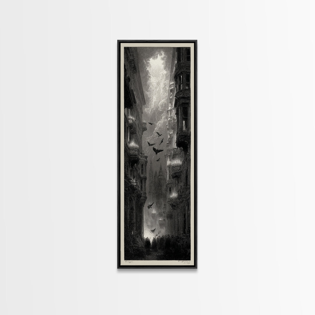 The Haunted Hotel, Gothic Engraving Art, Tall Narrow Wall Art, Dark Halloween Decor, Canvas Print, Halloween Wall Art, Macabre Wall Art