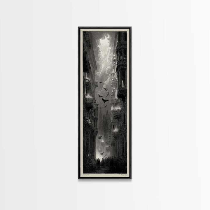 The Haunted Hotel, Gothic Engraving Art, Tall Narrow Wall Art, Dark Halloween Decor, Canvas Print, Halloween Wall Art, Macabre Wall Art