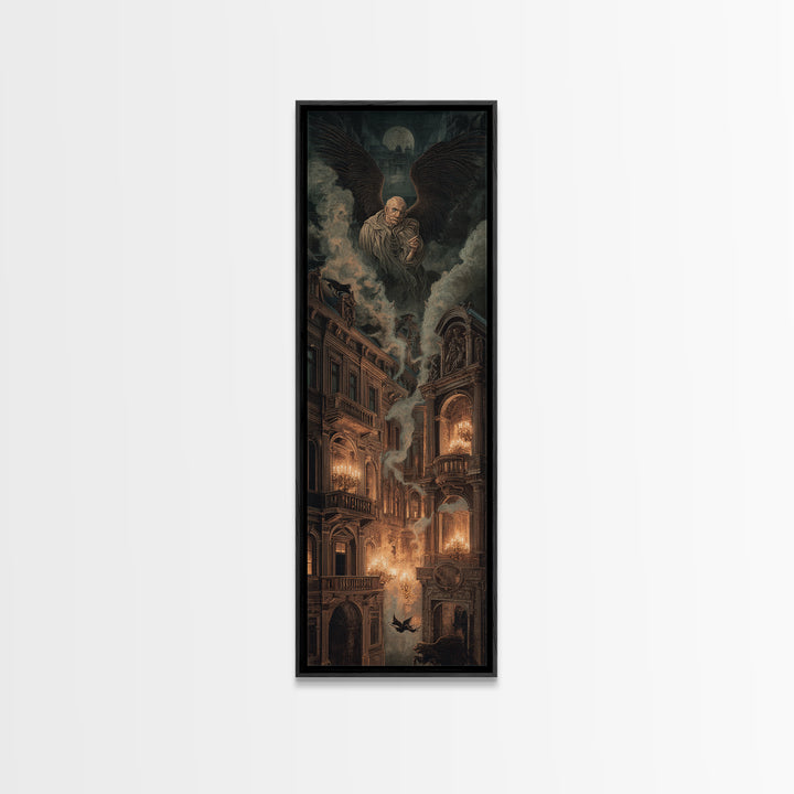 The Haunted Hotel, Visionary Gothic Art, Tall Narrow Wall Art, Dark Halloween Decor, Framed Canvas Print, Halloween Wall Art
