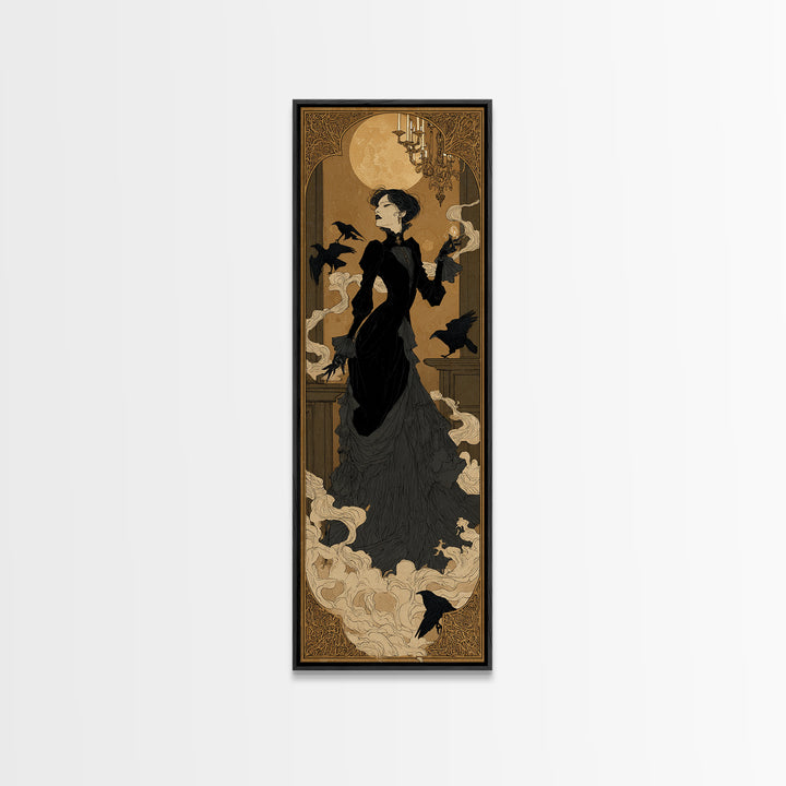 The Haunted Hotel, Decadent Line Art, Tall Narrow Wall Art, Dark Fantasy Wall Art, Framed Canvas Print, Halloween Wall Art
