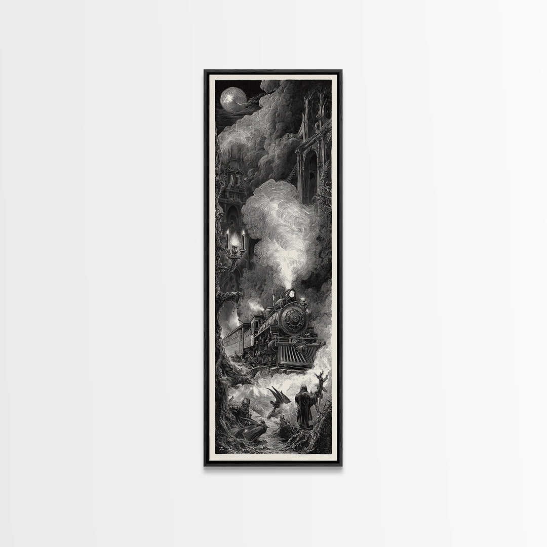 The Abandoned Train Station, Gothic Engraving Art, Tall Narrow Wall Art, Dark Halloween Decor, Canvas Print, Halloween Wall Art