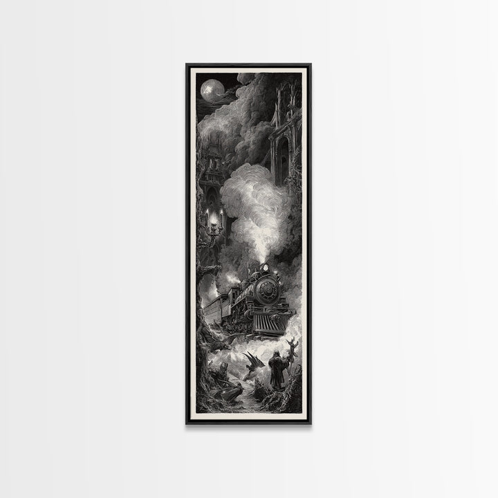 The Abandoned Train Station, Gothic Engraving Art, Tall Narrow Wall Art, Dark Halloween Decor, Canvas Print, Halloween Wall Art