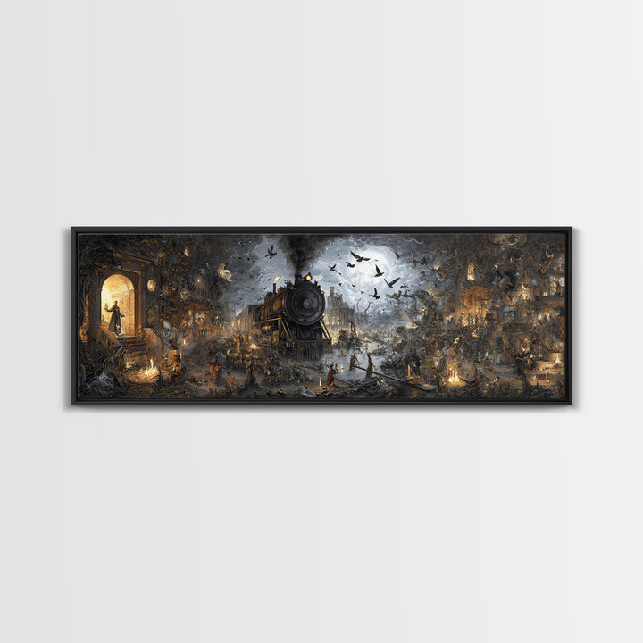 The Abandoned Train Station, Medieval Grotesque Art, Extra Wide Wall Art, Dark Halloween Decor, Canvas Print, Halloween Wall Art