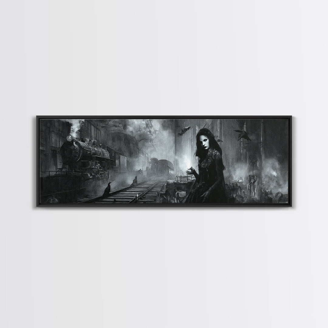 The Abandoned Train Station, Renaissance Engraving Art, Extra Wide Wall Art, Dark Halloween Decor, Canvas Print, Halloween Wall Art