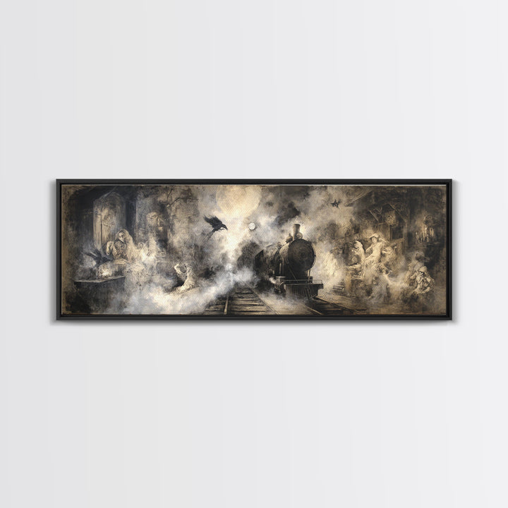 The Abandoned Train Station, Dark Romantic Horror Art, Extra Wide Wall Art, Macabre Wall Art, Canvas Print, Halloween Wall Art