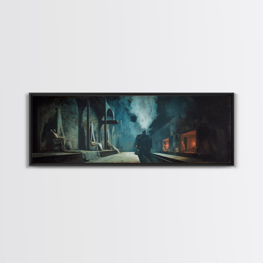 The Abandoned Train Station, Gothic Nightmare Art, Extra Wide Wall Art, Dark Halloween Decor, Canvas Print, Halloween Wall Art