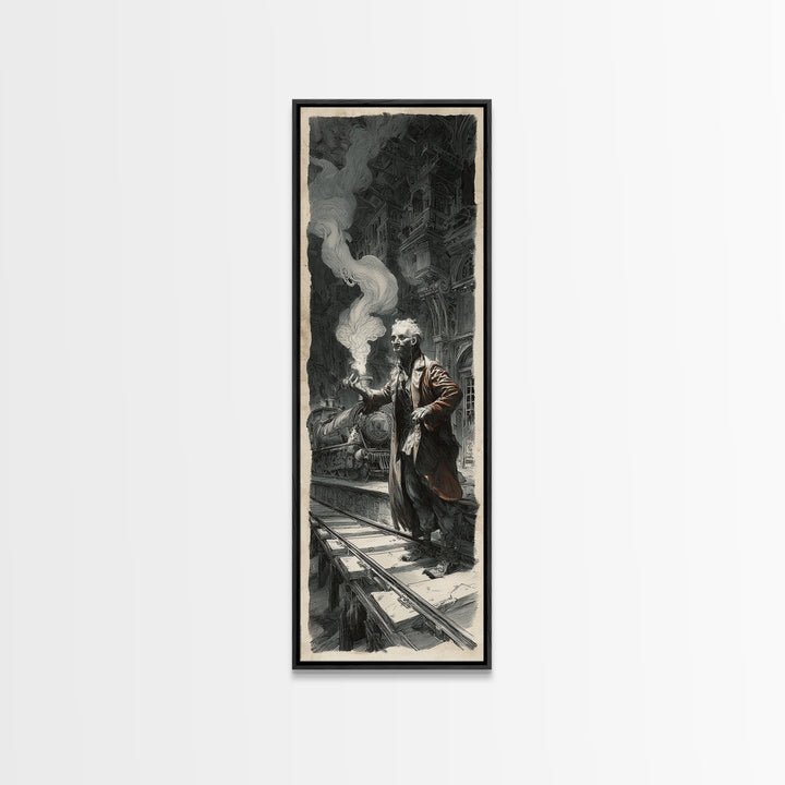 The Abandoned Train Station, Architectural Etching Art, Tall Narrow Wall Art, Gothic Horror Wall Art, Canvas Print