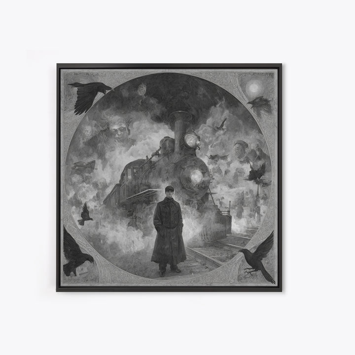 The Abandoned Train Station, Symbolist Dream Art, Square Wall Art, Gothic Horror Wall Art, Canvas Print, Halloween Wall Art