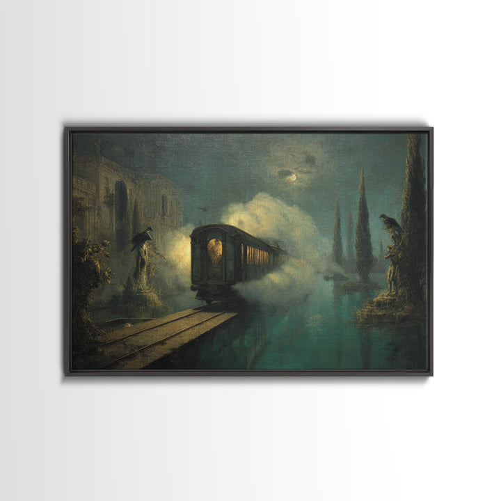 The Abandoned Train Station, Symbolist Gothic Landscape, Landscape Wall Art, Dark Halloween Decor, Framed Canvas Print, Halloween Wall Art