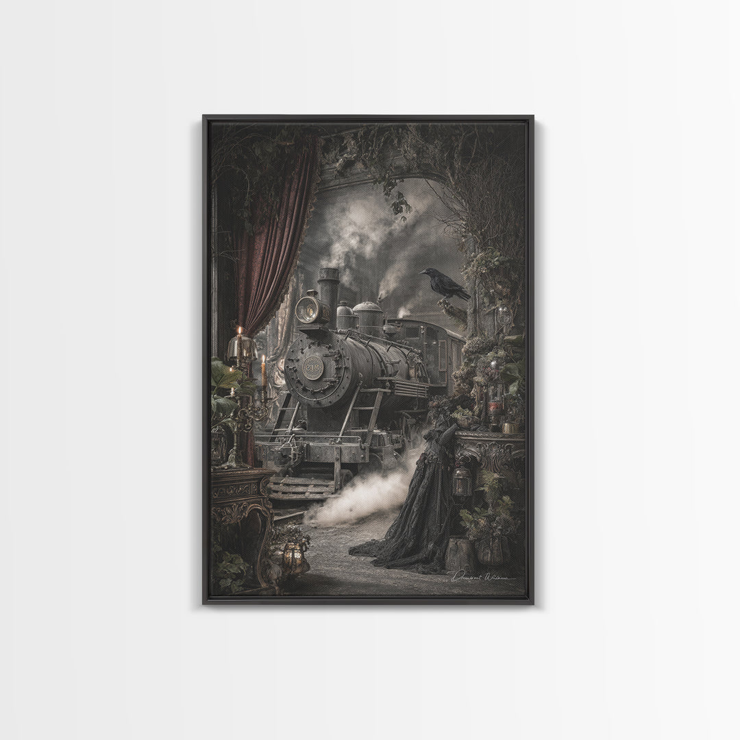 The Abandoned Train Station, Ornate Symbolist Art, Vertical Wall Art, Macabre Wall Art, Canvas Print, Halloween Wall Art