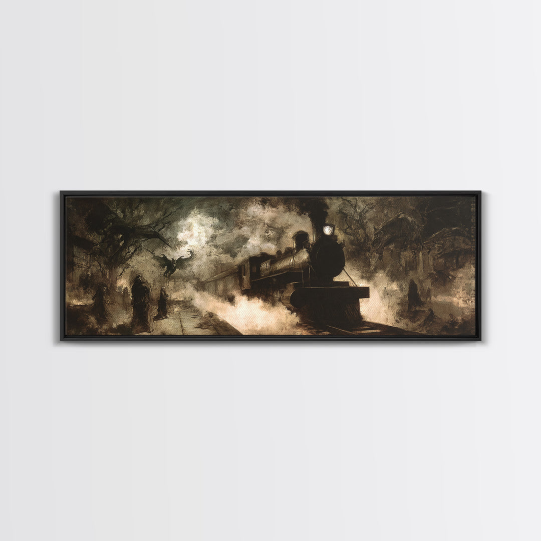 The Abandoned Train Station, Dark Symbolist Art, Extra Wide Wall Art, Macabre Wall Art, Framed Canvas Print, Halloween Wall Art
