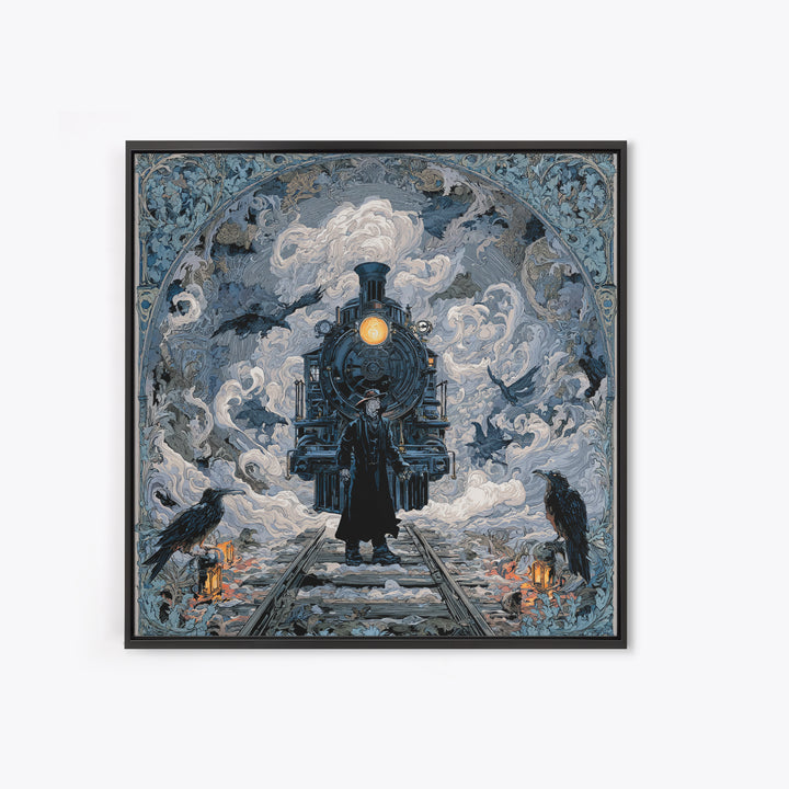 The Abandoned Train Station, Symbolist Etching Art, Square Wall Art, Macabre Wall Art, Framed Canvas Print, Halloween Wall Art