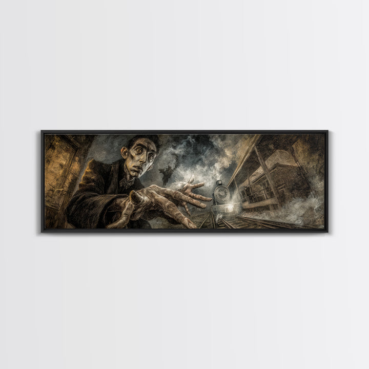 The Abandoned Train Station, Expressionist Gothic Art, Extra Wide Wall Art, Macabre Wall Art, Framed Canvas Print, Halloween Wall Art