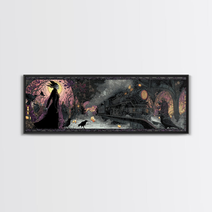 The Abandoned Train Station, Stained Glass Gothic Art, Extra Wide Wall Art, Dark Fantasy Wall Art, Canvas Print, Halloween Wall Art