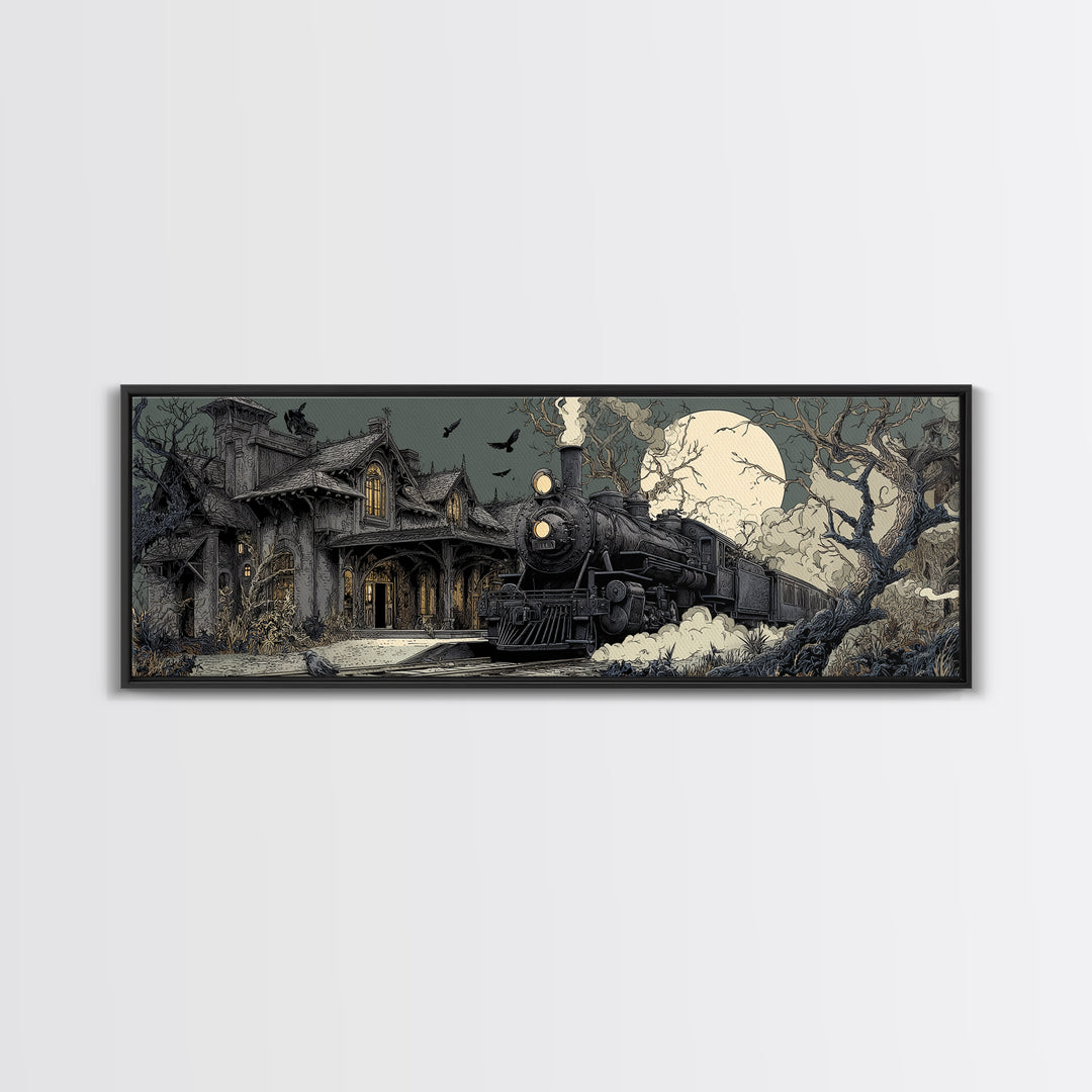 The Abandoned Train Station, Victorian Macabre Art, Extra Wide Wall Art, Dark Halloween Decor, Framed Canvas Print, Halloween Wall Art