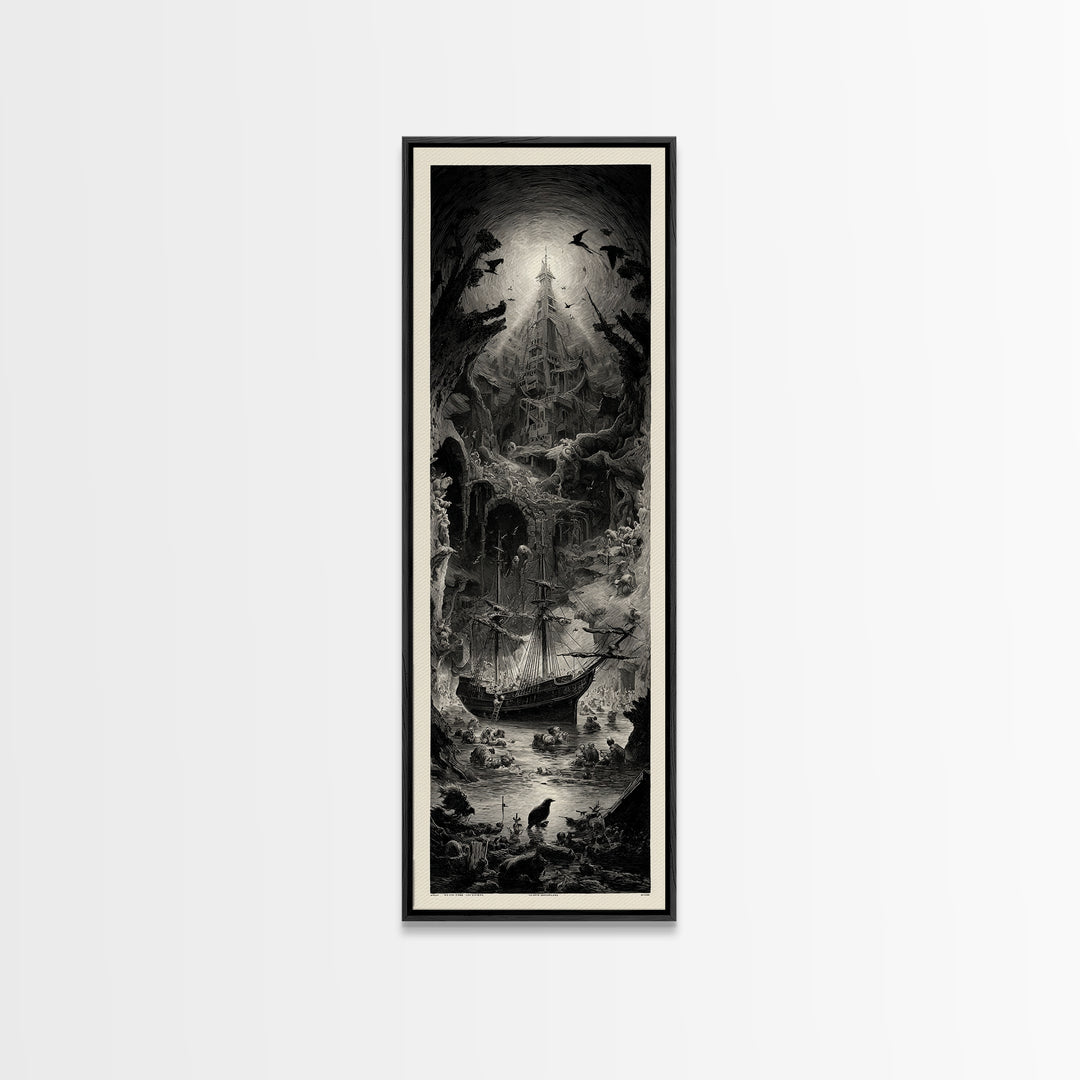 The Shipwreck Cove, Gothic Engraving Art, Tall Narrow Wall Art, Dark Fantasy Wall Art, Canvas Print, Halloween Wall Art
