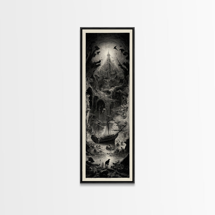 The Shipwreck Cove, Gothic Engraving Art, Tall Narrow Wall Art, Dark Fantasy Wall Art, Canvas Print, Halloween Wall Art
