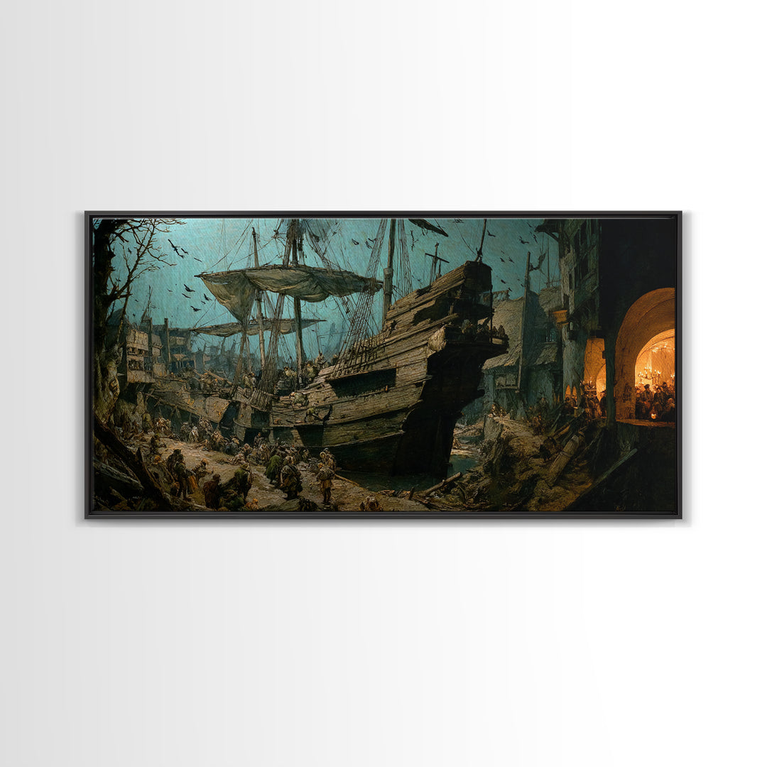 The Shipwreck Cove, Northern Renaissance Horror, Wide Panoramic Art, Dark Halloween Decor, Canvas Print, Halloween Wall Art