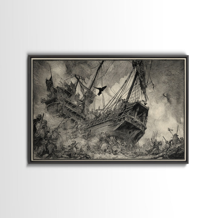 The Shipwreck Cove, Renaissance Engraving Art, Landscape Wall Art, Dark Halloween Decor, Canvas Print, Halloween Wall Art