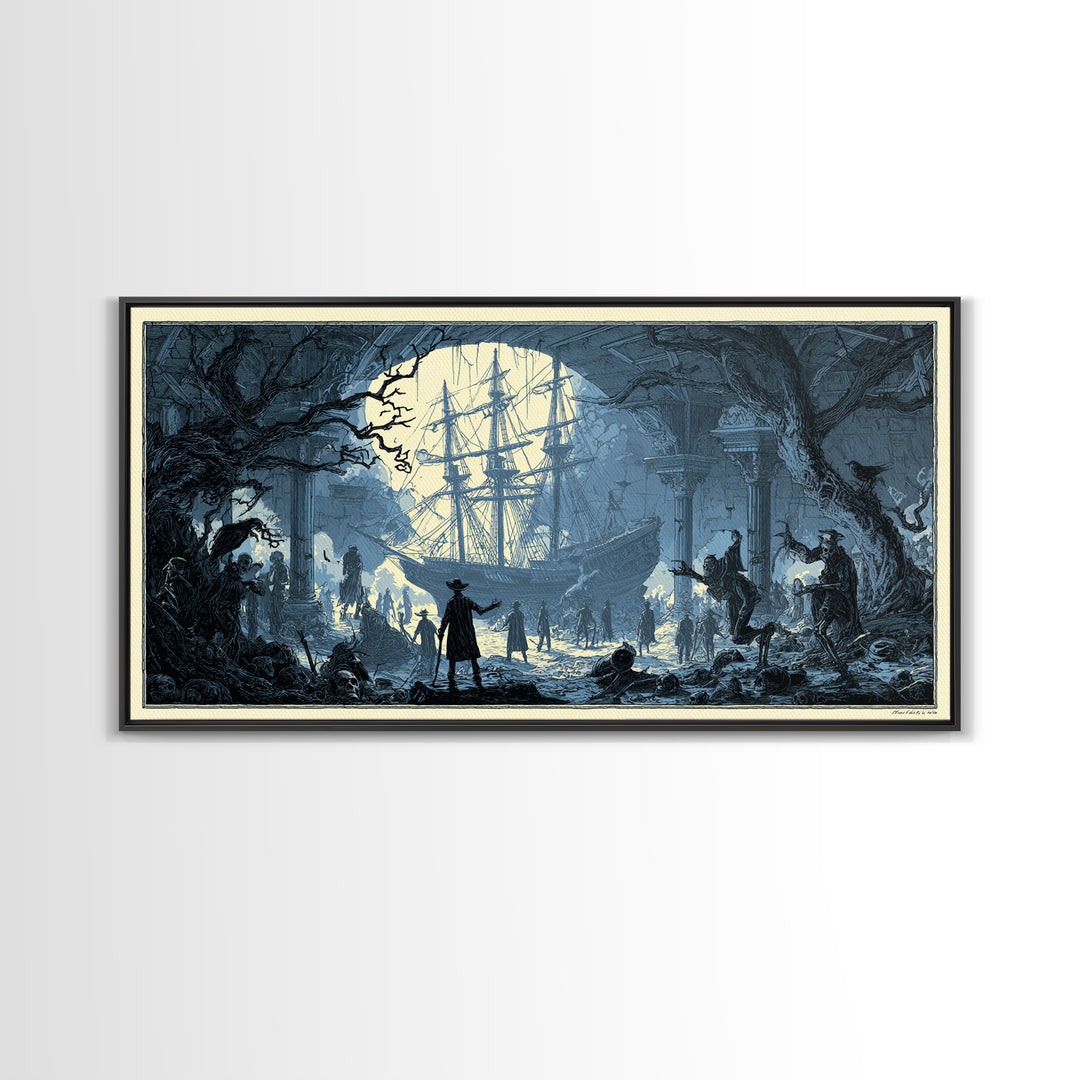 The Shipwreck Cove, Macabre Folk Print Art, Wide Panoramic Art, Macabre Wall Art, Framed Canvas Print, Halloween Wall Art