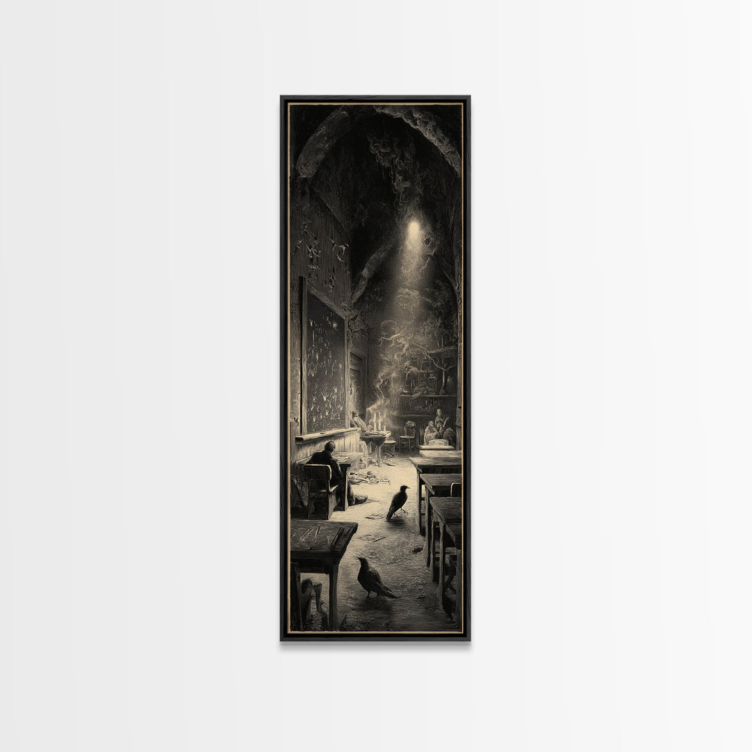 The Silent Schoolhouse, Gothic Engraving Art, Tall Narrow Wall Art, Gothic Horror Wall Art, Framed Canvas Print, Halloween Wall Art