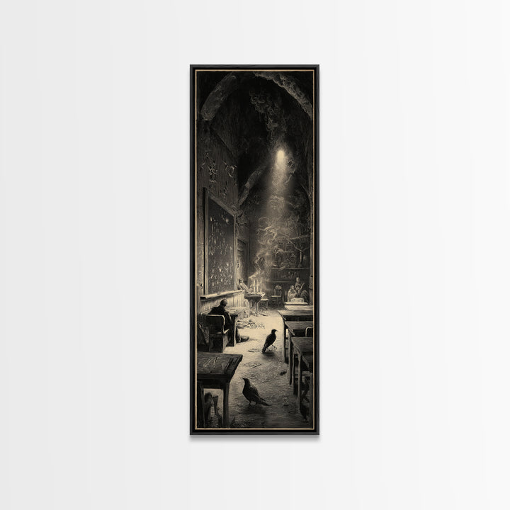 The Silent Schoolhouse, Gothic Engraving Art, Tall Narrow Wall Art, Gothic Horror Wall Art, Framed Canvas Print, Halloween Wall Art