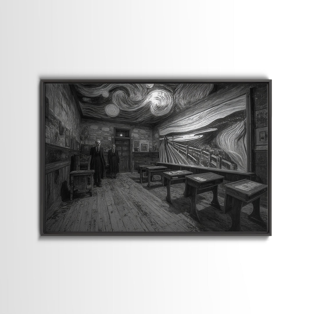 The Silent Schoolhouse, Expressionist Gothic Art, Landscape Wall Art, Dark Halloween Decor, Framed Canvas Print, Halloween Wall Art