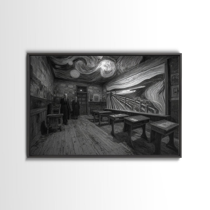 The Silent Schoolhouse, Expressionist Gothic Art, Landscape Wall Art, Dark Halloween Decor, Framed Canvas Print, Halloween Wall Art