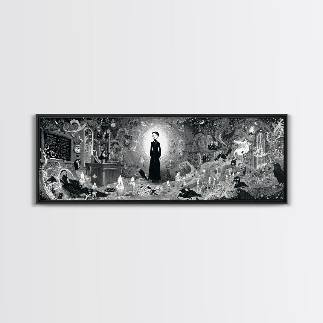 The Silent Schoolhouse, Decadent Line Art, Extra Wide Wall Art, Macabre Wall Art, Canvas Print, Halloween Wall Art