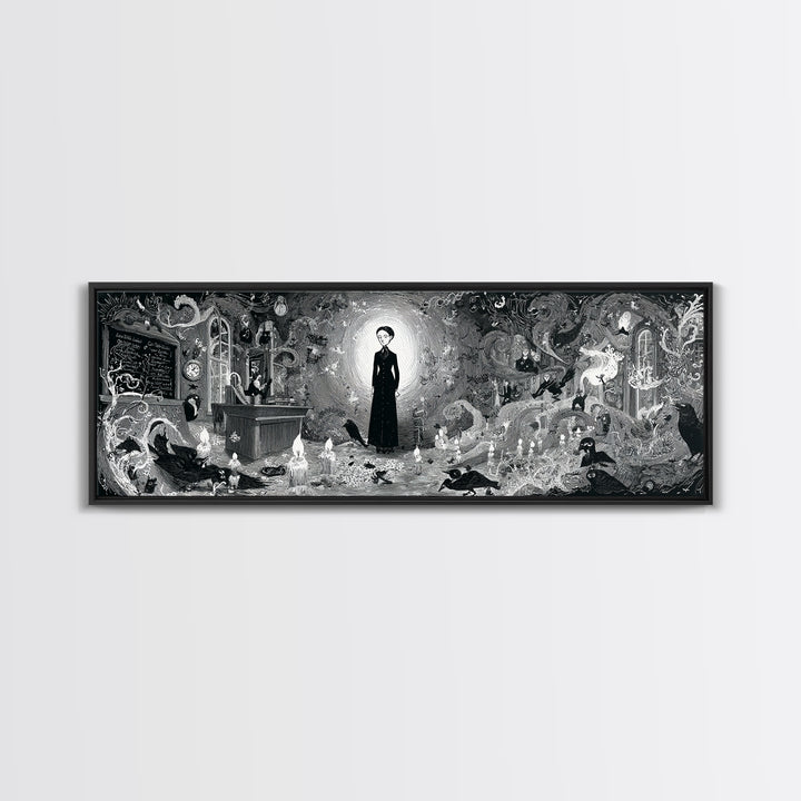 The Silent Schoolhouse, Decadent Line Art, Extra Wide Wall Art, Macabre Wall Art, Canvas Print, Halloween Wall Art
