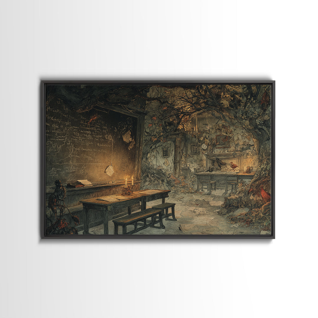 The Silent Schoolhouse, Gothic Storybook Art, Landscape Wall Art, Gothic Horror Wall Art, Framed Canvas Print, Halloween Wall Art