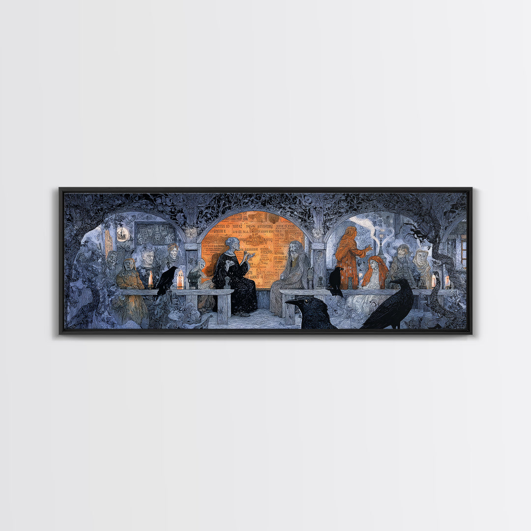 The Silent Schoolhouse, Stained Glass Gothic Art, Extra Wide Wall Art, Dark Fantasy Wall Art, Framed Canvas Print, Halloween Wall Art