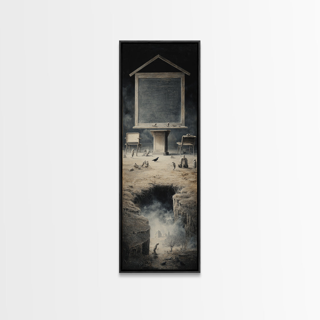 The Silent Schoolhouse, Surreal Apocalyptic Art, Tall Narrow Wall Art, Dark Fantasy Wall Art, Canvas Print, Halloween Wall Art
