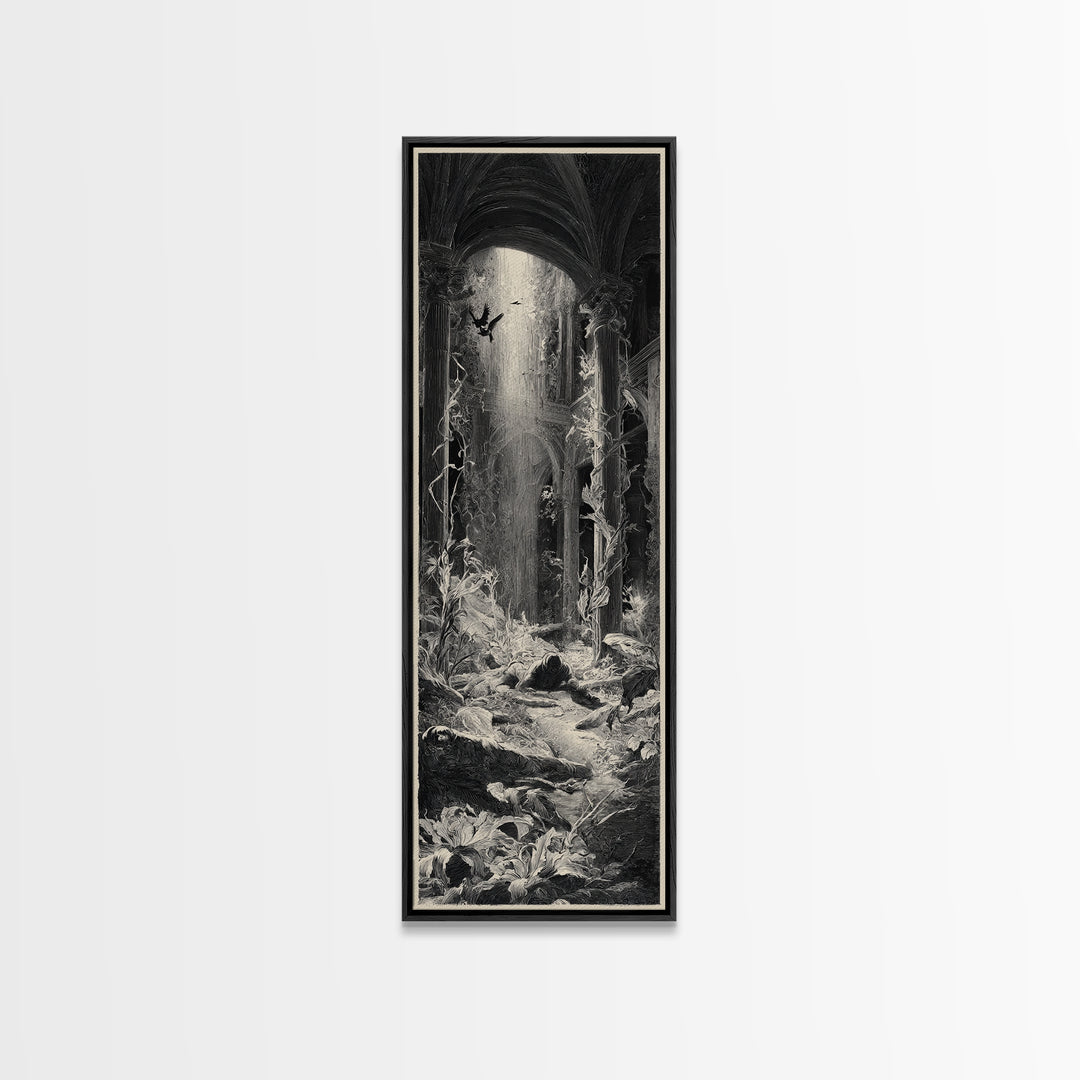The Cemetery Greenhouse, Gothic Engraving Art, Tall Narrow Wall Art, Gothic Horror Wall Art, Framed Canvas Print, Halloween Wall Art