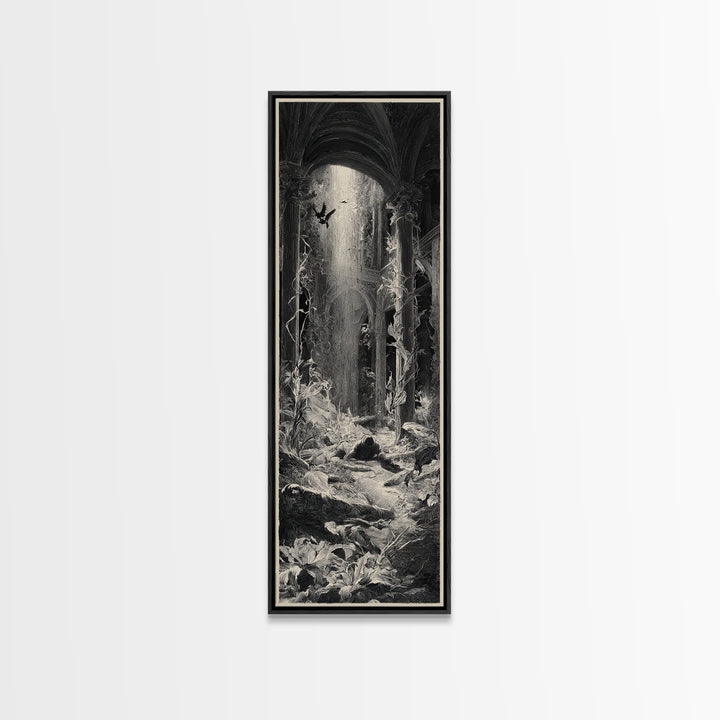 The Cemetery Greenhouse, Gothic Engraving Art, Tall Narrow Wall Art, Gothic Horror Wall Art, Framed Canvas Print, Halloween Wall Art