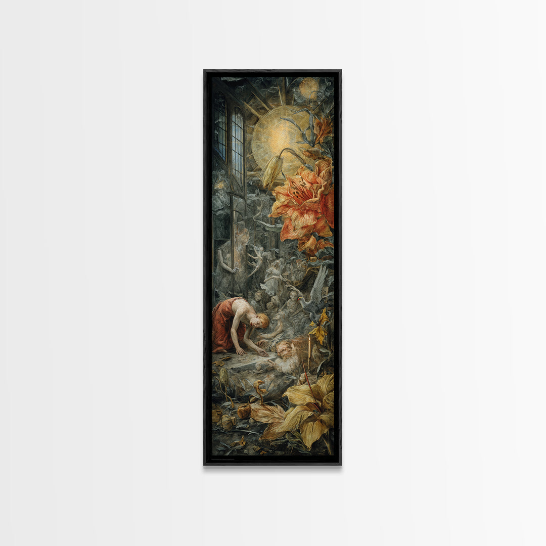 The Cemetery Greenhouse, Dark Renaissance Art, Tall Narrow Wall Art, Dark Fantasy Wall Art, Canvas Print, Halloween Wall Art