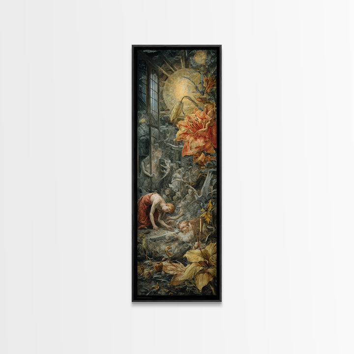 The Cemetery Greenhouse, Dark Renaissance Art, Tall Narrow Wall Art, Dark Fantasy Wall Art, Canvas Print, Halloween Wall Art