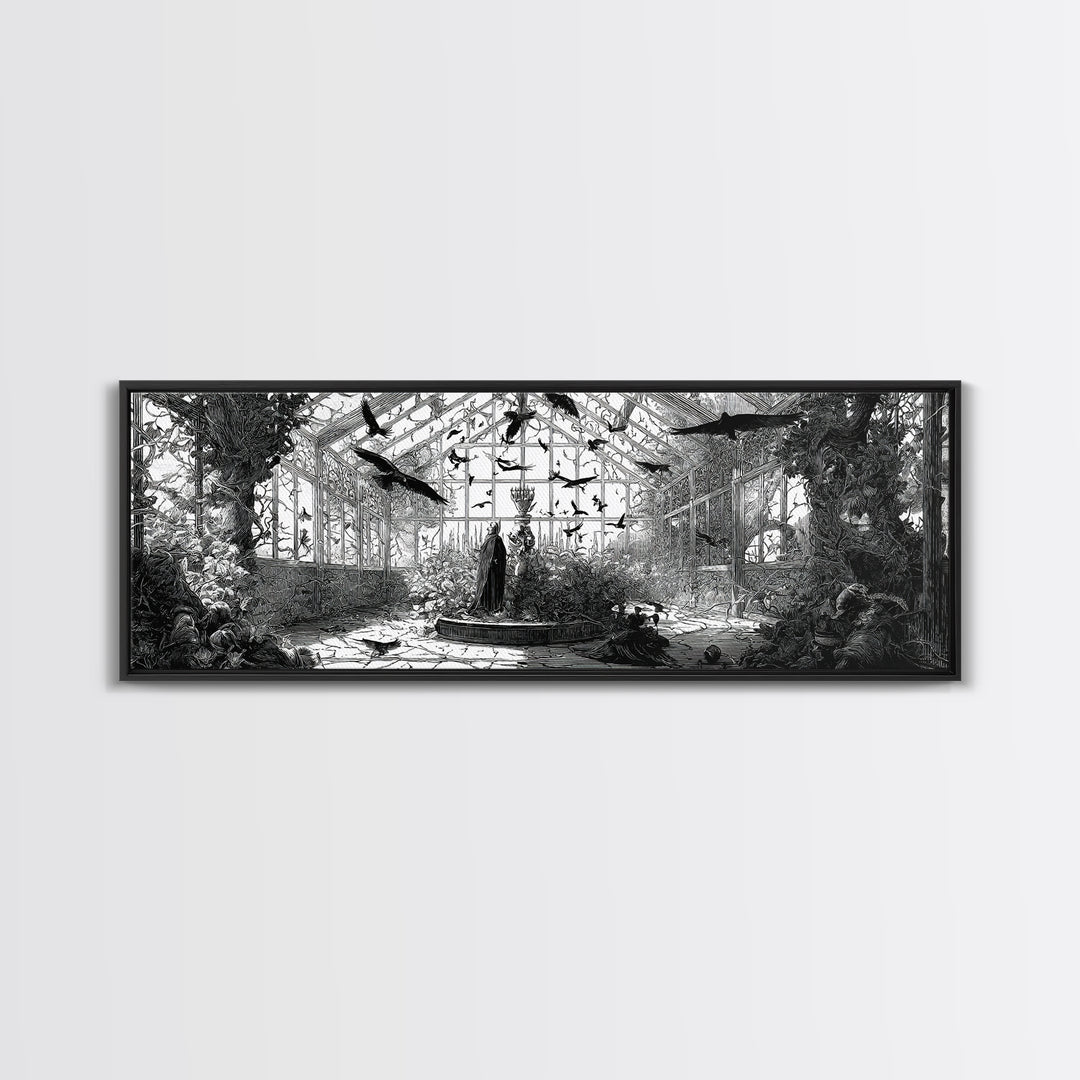 The Cemetery Greenhouse, Renaissance Engraving Art, Extra Wide Wall Art, Dark Fantasy Wall Art, Canvas Print, Halloween Wall Art