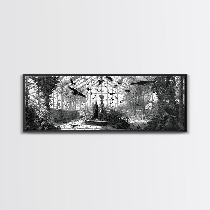 The Cemetery Greenhouse, Renaissance Engraving Art, Extra Wide Wall Art, Dark Fantasy Wall Art, Canvas Print, Halloween Wall Art