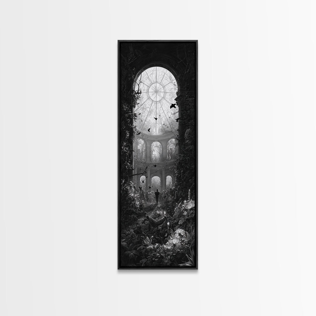 The Cemetery Greenhouse, Architectural Etching Art, Tall Narrow Wall Art, Dark Halloween Decor, Framed Canvas Print
