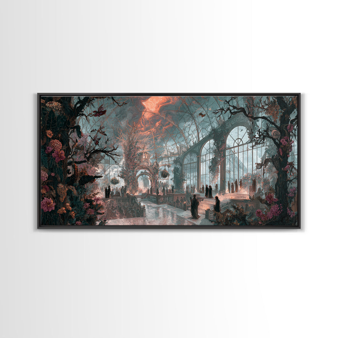 The Cemetery Greenhouse, Apocalyptic Romantic Art, Wide Panoramic Art, Macabre Wall Art, Canvas Print, Halloween Wall Art
