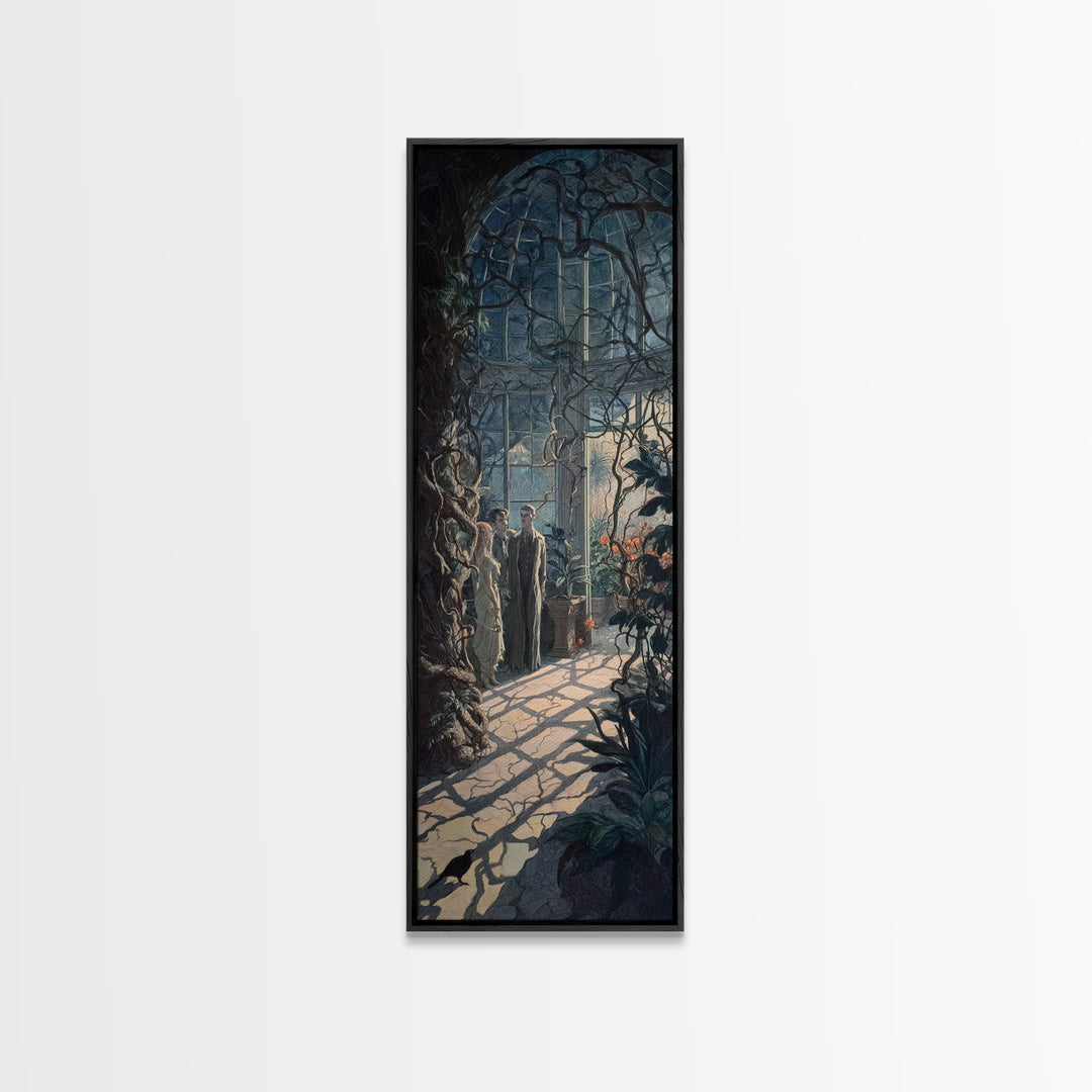 The Cemetery Greenhouse, Dark Symbolist Art, Tall Narrow Wall Art, Dark Halloween Decor, Framed Canvas Print, Halloween Wall Art