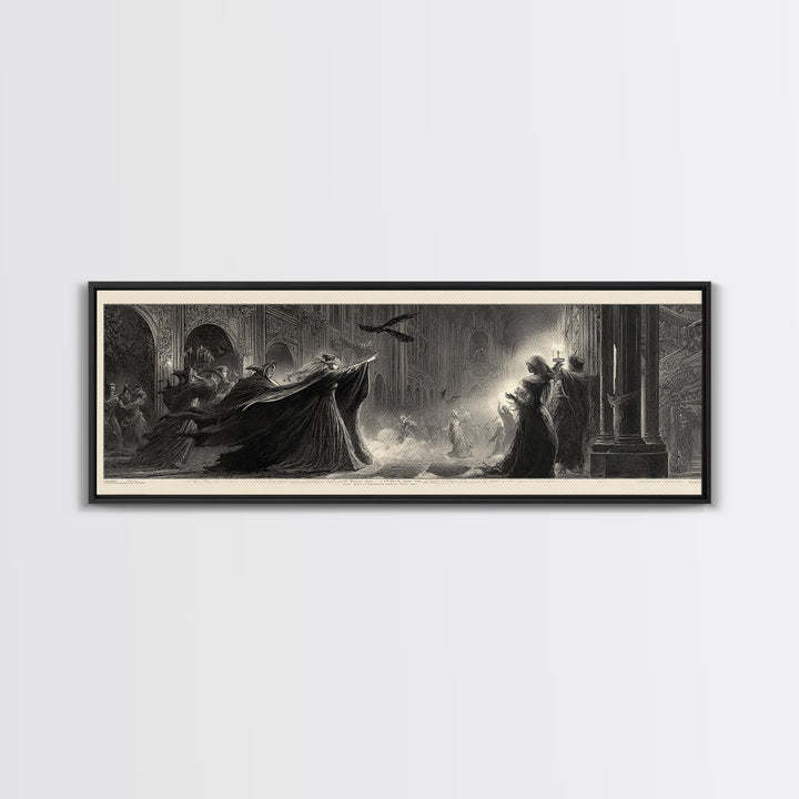 The Midnight Masquerade, Gothic Engraving Art, Extra Wide Wall Art, Dark Fantasy Wall Art, Canvas Print, Halloween Wall Art