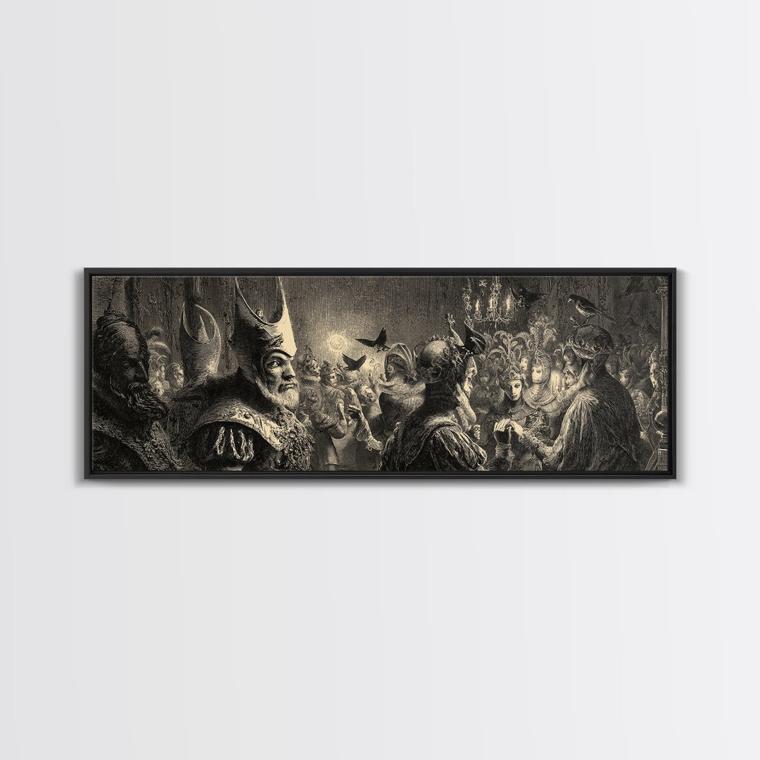 The Midnight Masquerade, Renaissance Engraving Art, Extra Wide Wall Art, Dark Fantasy Wall Art, Framed Canvas Print, Halloween Wall Art