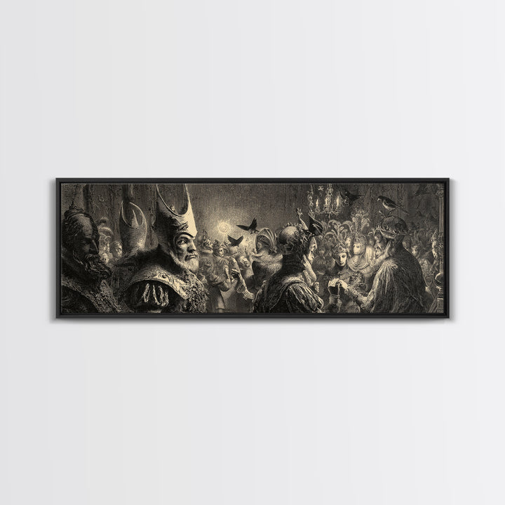The Midnight Masquerade, Renaissance Engraving Art, Extra Wide Wall Art, Dark Fantasy Wall Art, Framed Canvas Print, Halloween Wall Art