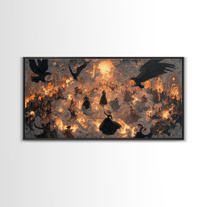 The Midnight Masquerade, Visionary Gothic Art, Wide Panoramic Art, Gothic Horror Wall Art, Framed Canvas Print, Halloween Wall Art