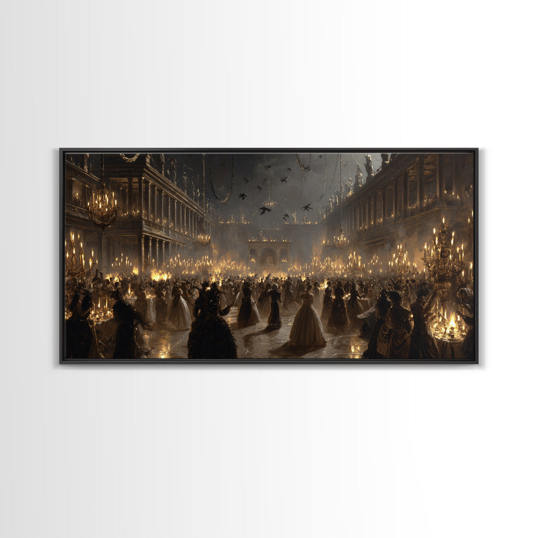 The Midnight Masquerade, Architectural Etching Art, Wide Panoramic Art, Macabre Wall Art, Canvas Print, Halloween Wall Art