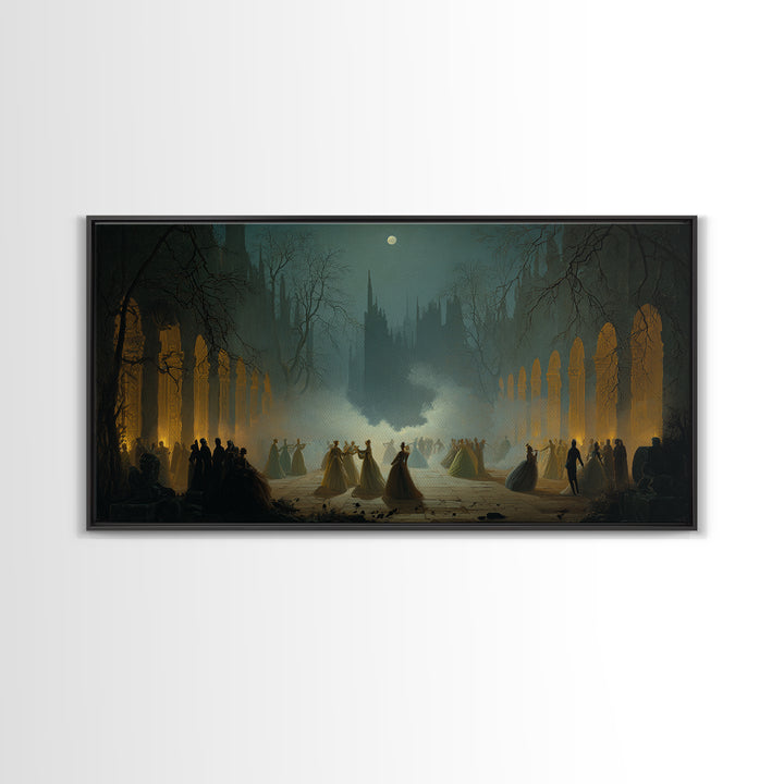 The Midnight Masquerade, Romantic Gothic Landscape, Wide Panoramic Art, Dark Fantasy Wall Art, Canvas Print, Halloween Wall Art