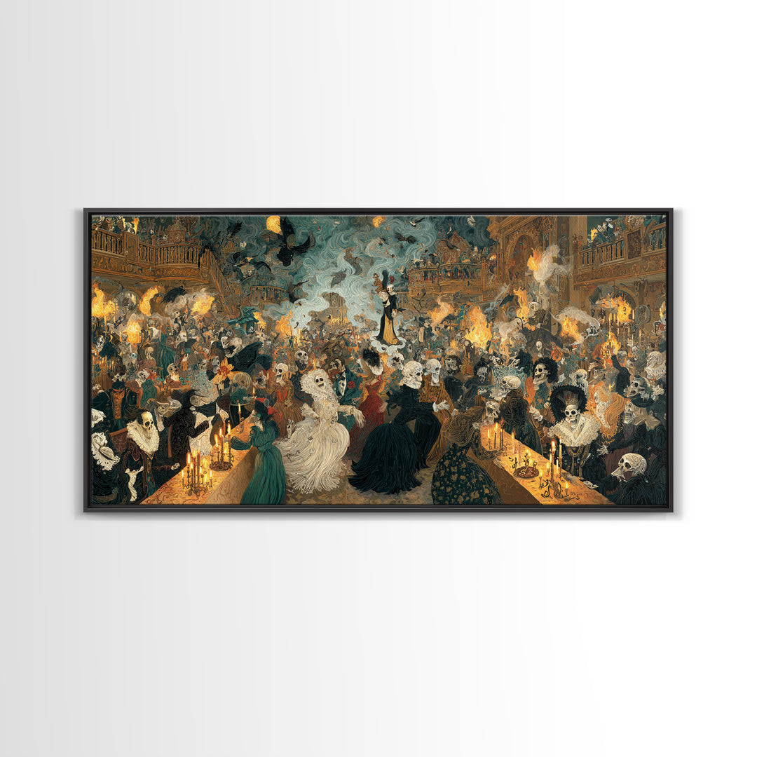 The Midnight Masquerade, Grotesque Carnival Art, Wide Panoramic Art, Dark Fantasy Wall Art, Framed Canvas Print, Halloween Wall Art