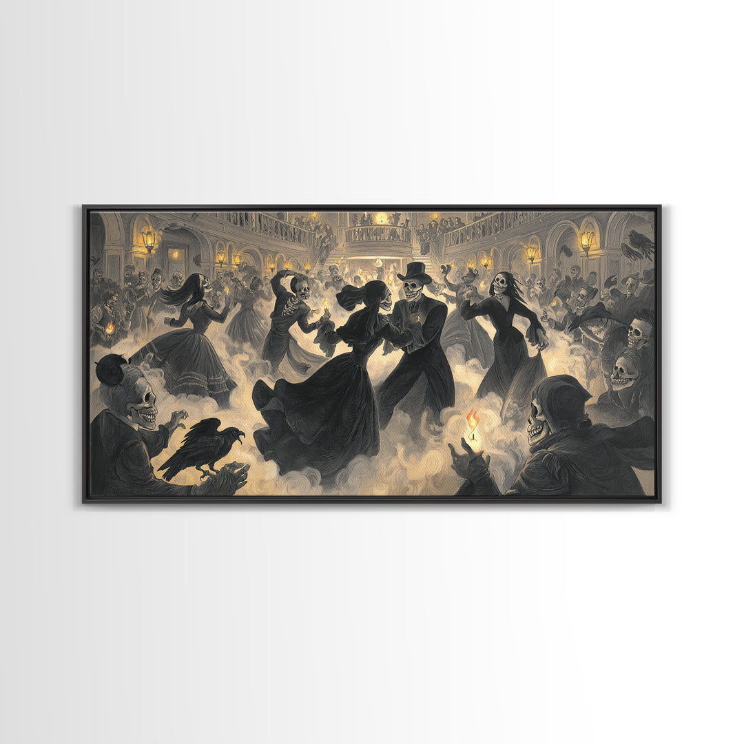 The Midnight Masquerade, Macabre Folk Print Art, Wide Panoramic Art, Gothic Horror Wall Art, Framed Canvas Print